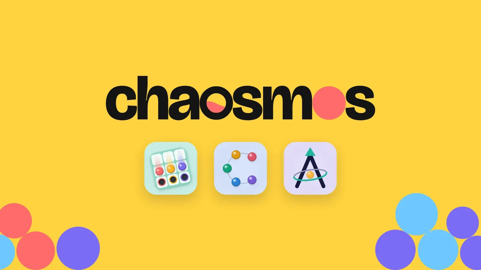The Chaosmos wordmark above the icons of Plumb, Carillon and Apsis, on yellow with a heap of coloured balls