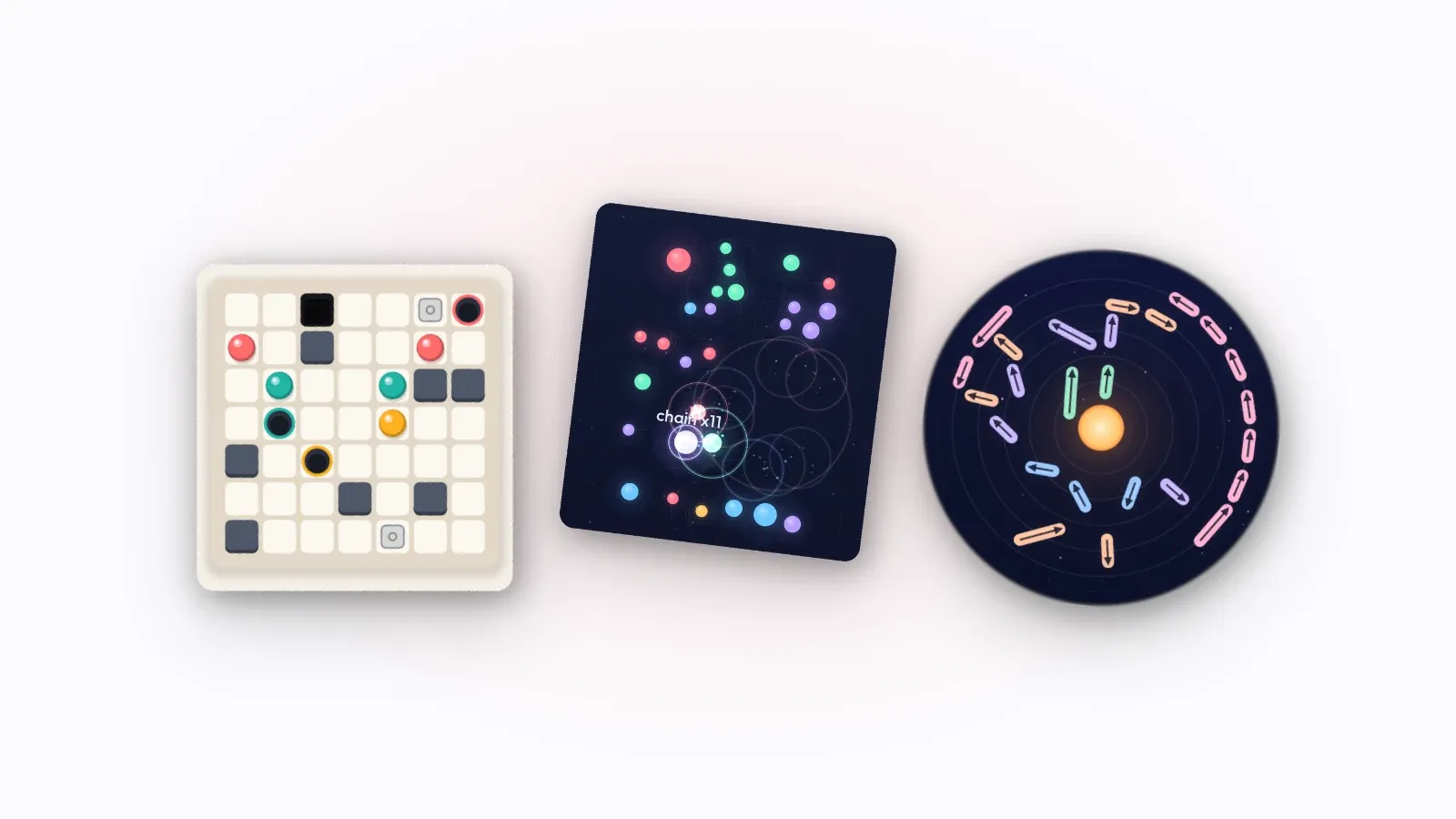 A board from each game fanned like cards: Plumb's marbles on a grid, Carillon's glowing dots and Apsis's arrows around a sun