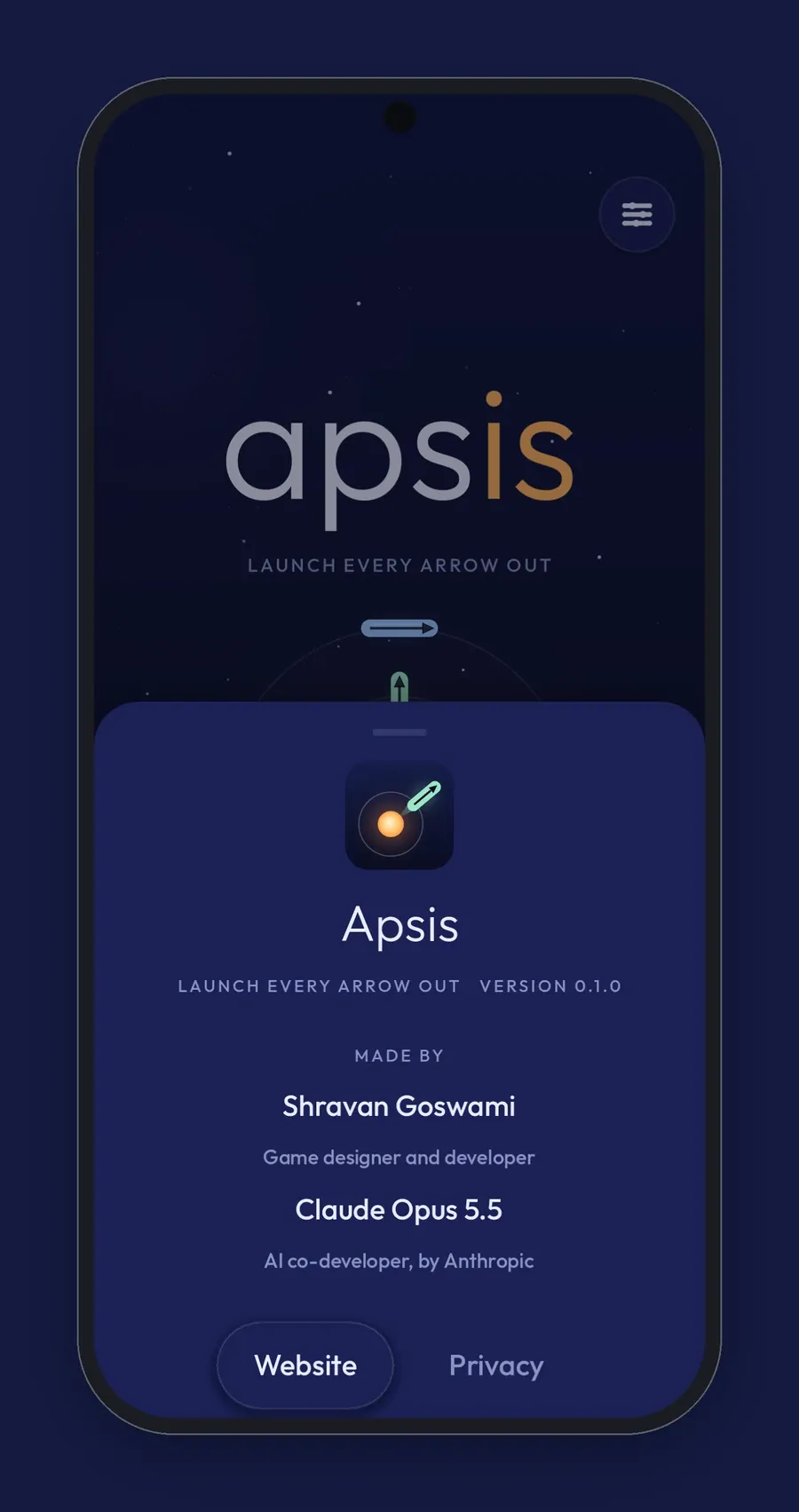The About sheet in Apsis's settings, listing Shravan Goswami and Claude Opus 5.5 as the makers
