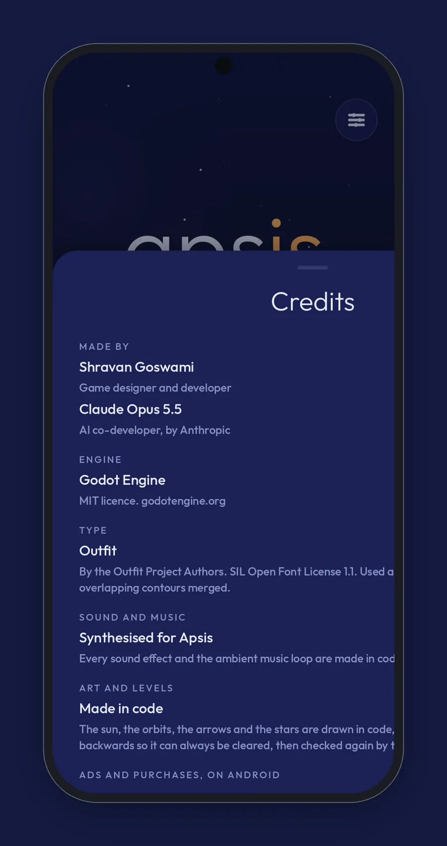 The Credits sheet in Apsis listing the team, the engine, the typeface, and the sound and art made in code