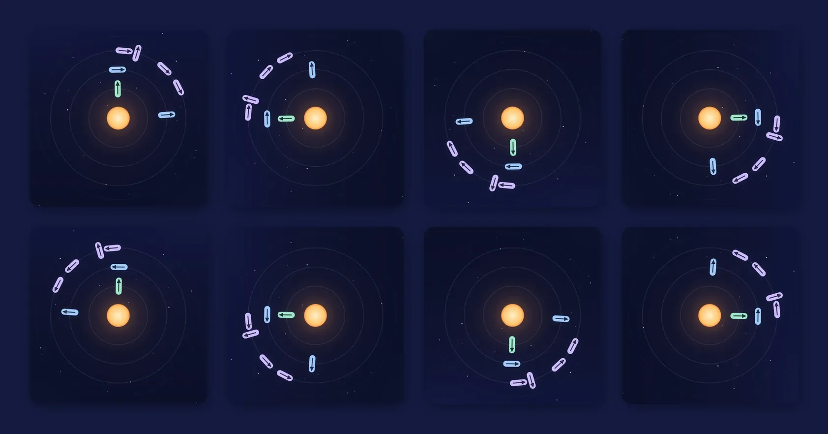 One Apsis board shown in eight orientations: four quarter turns and their mirror images
