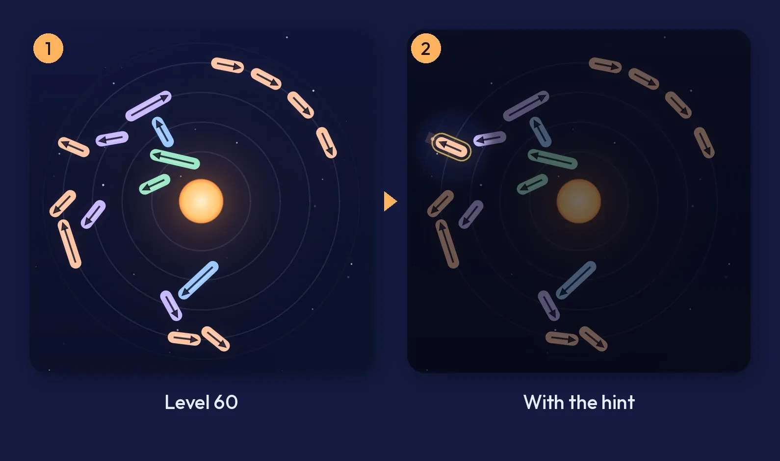 Two Apsis boards: level 60 as it starts, and the same board with the hint lighting one arrow