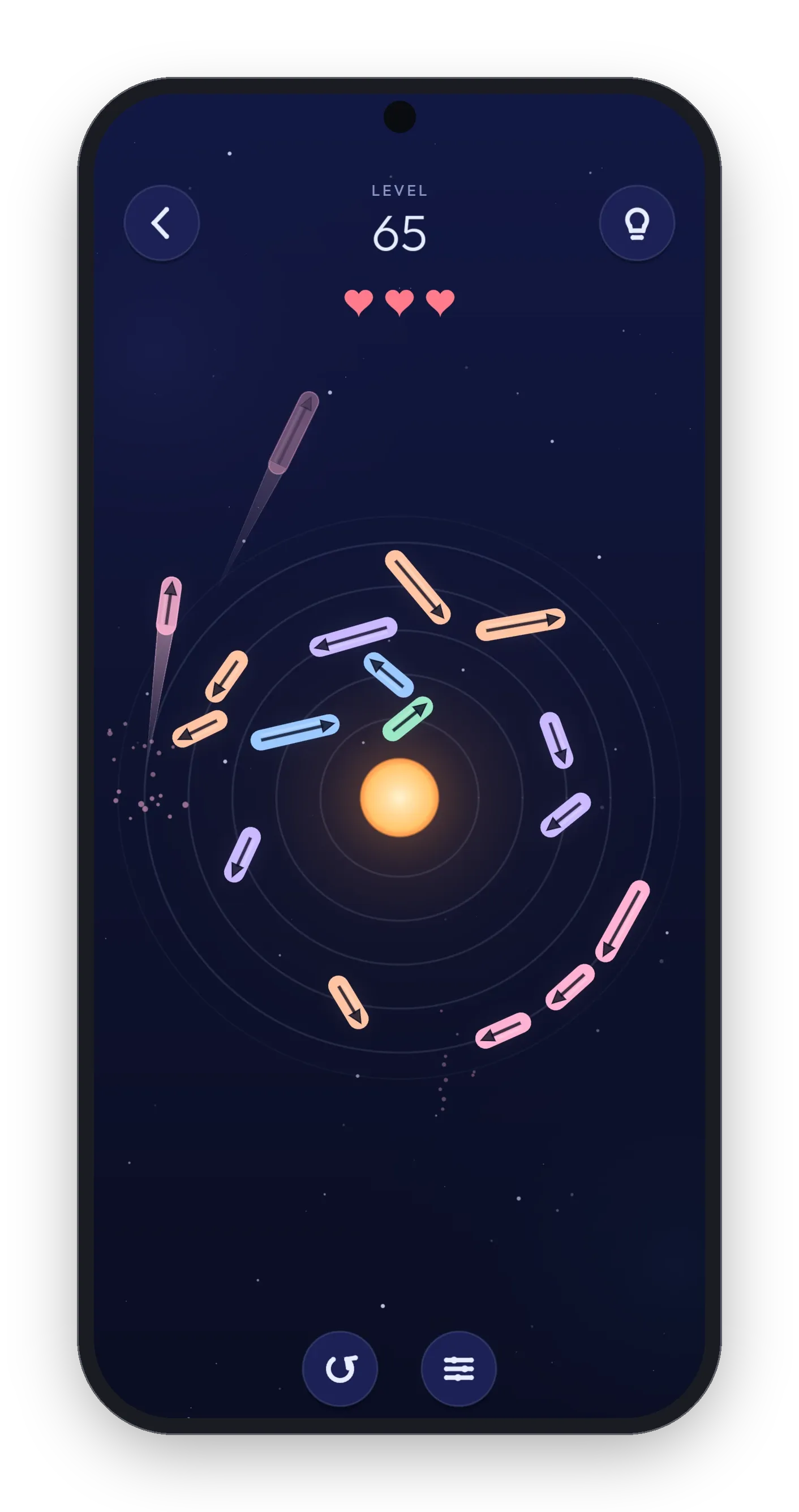 An Apsis level in play: pastel arrows on five orbits around a glowing sun