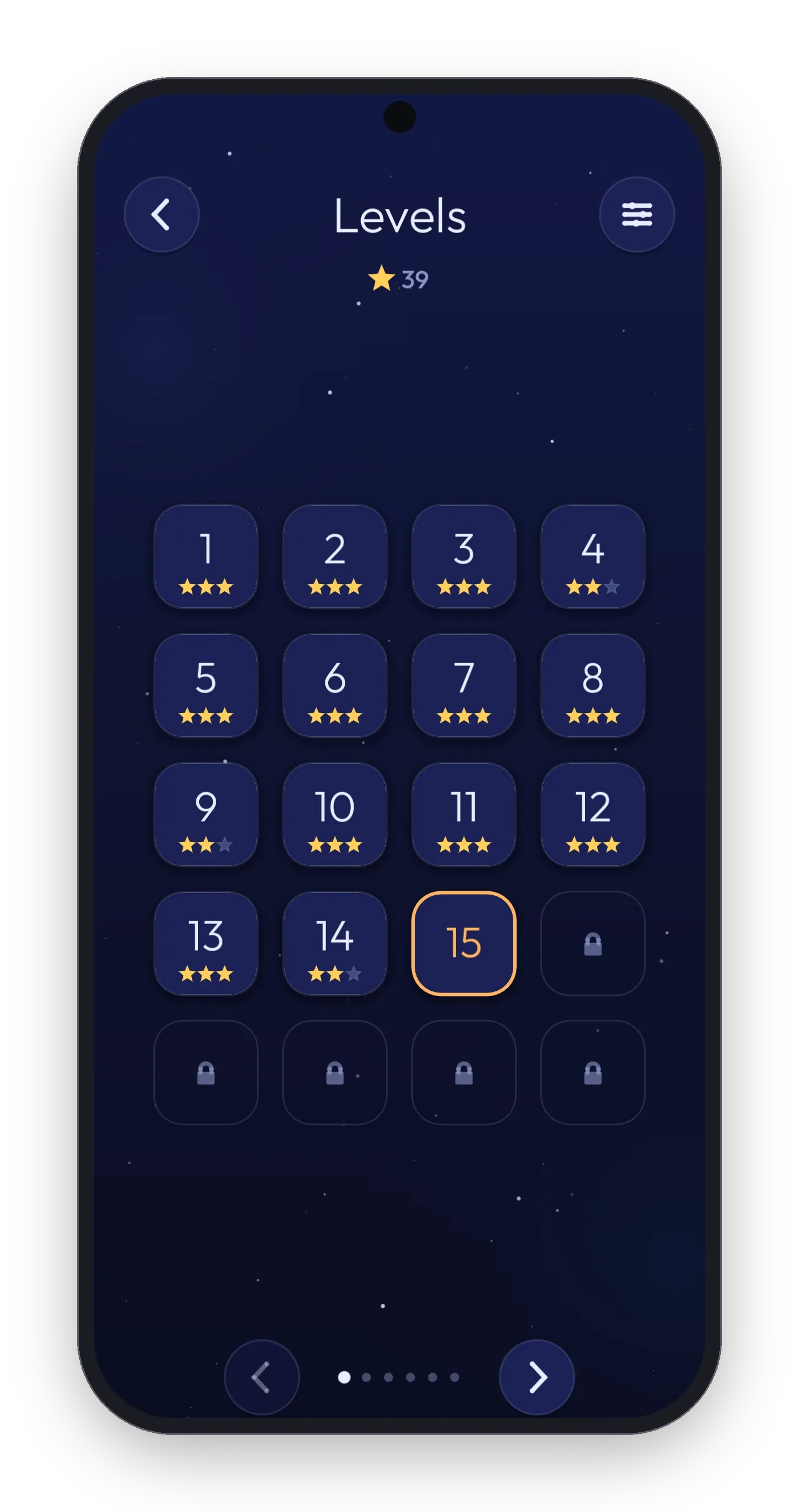 Apsis's level grid with stars earned on the first levels