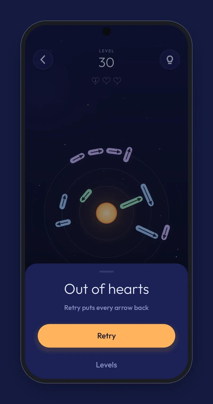 The Apsis fail sheet reading Out of hearts, with a Retry button