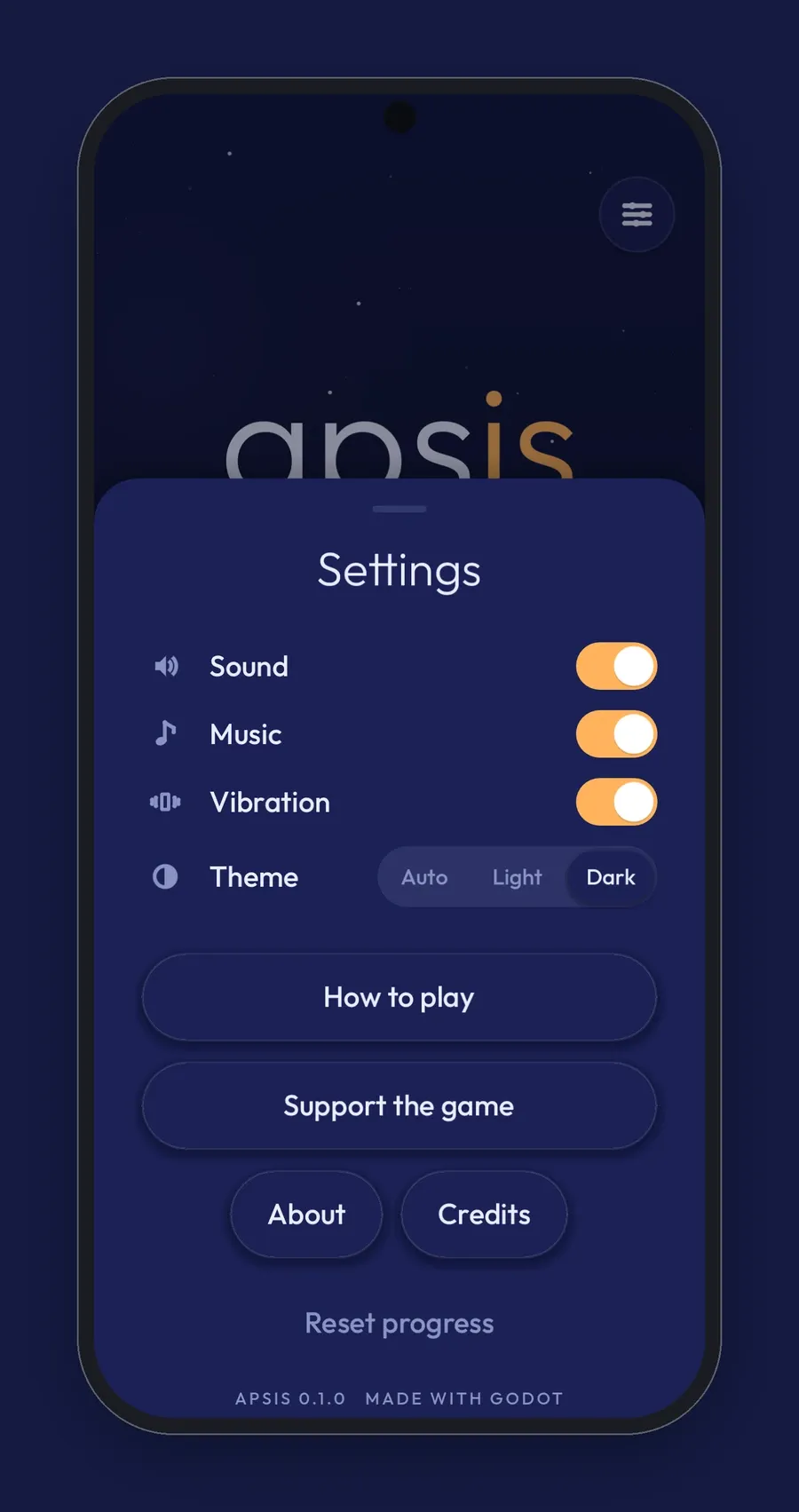 The Apsis settings sheet with switches for sound, music and vibration, the theme, How to play, and About and Credits buttons