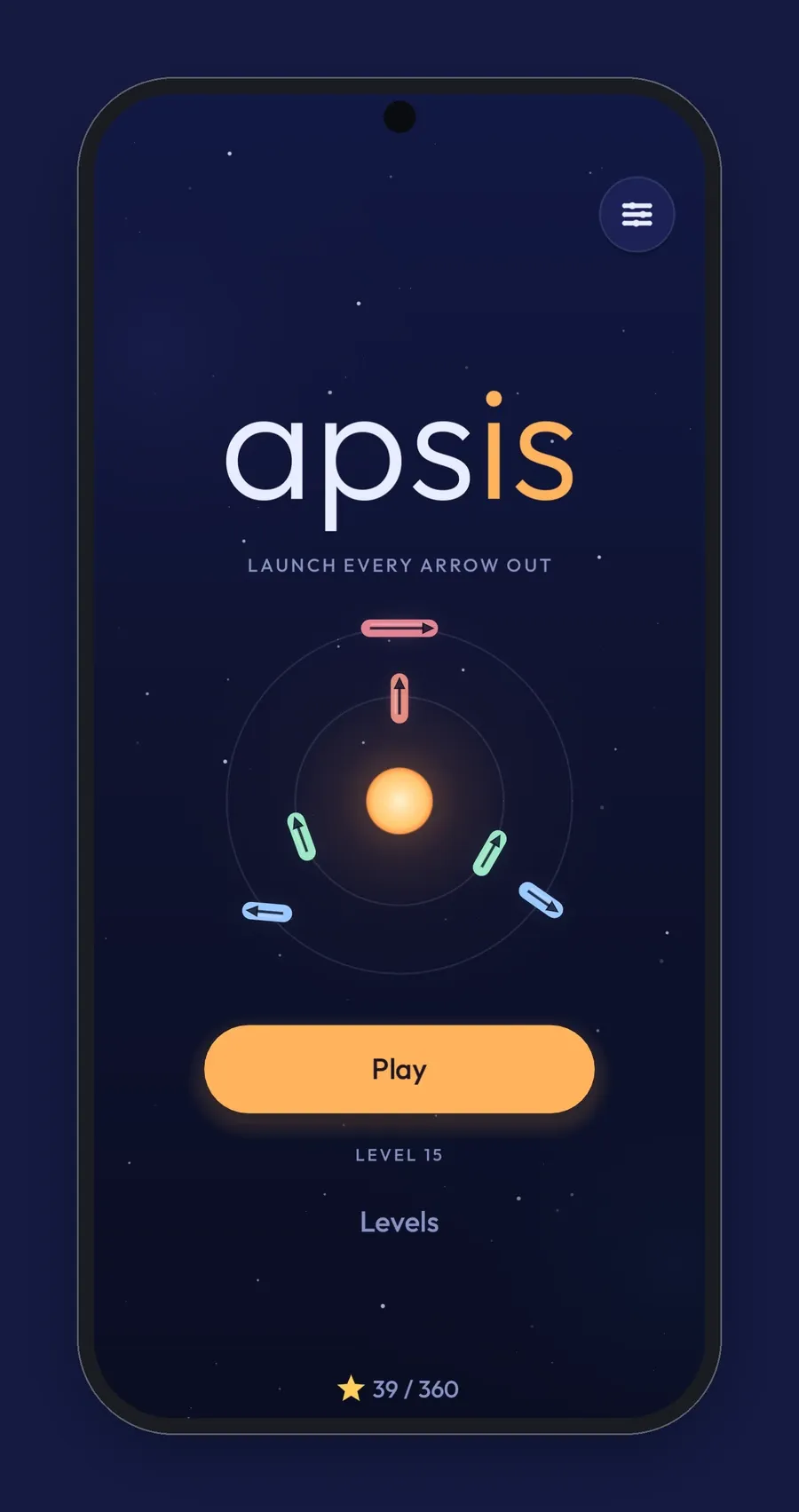The Apsis title screen with the light wordmark, a small system playing itself, and the Play button