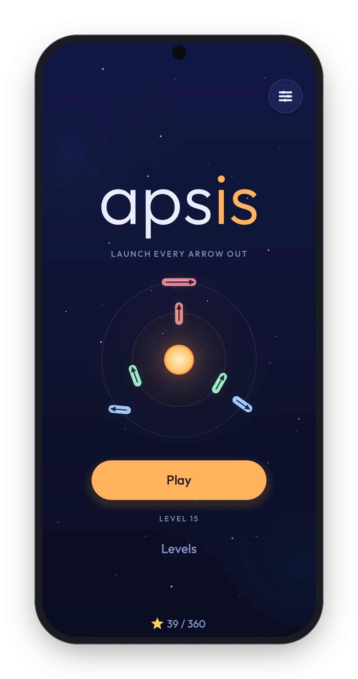 Apsis's title screen: the wordmark, a small system that plays itself, and the Play button