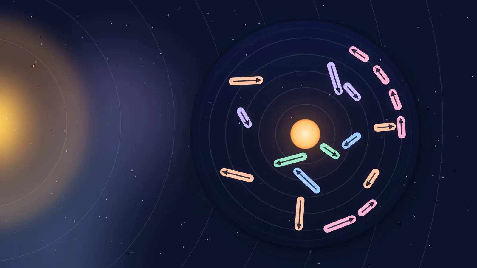 A calm Apsis system of pastel arrows on five orbits, set as a disc against a starry sky
