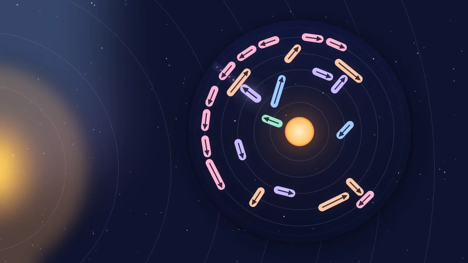 A crowded Apsis system with one arrow held and its dotted path running out across the orbits