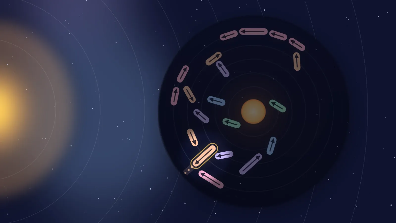 An Apsis system dimmed by the hint spotlight, with one arrow lit and its path drawn out to the rim