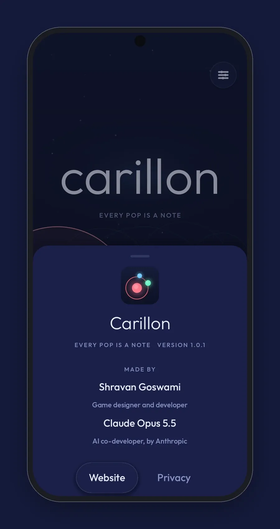 Carillon's About sheet on a phone, with the game's icon, version, and both team members