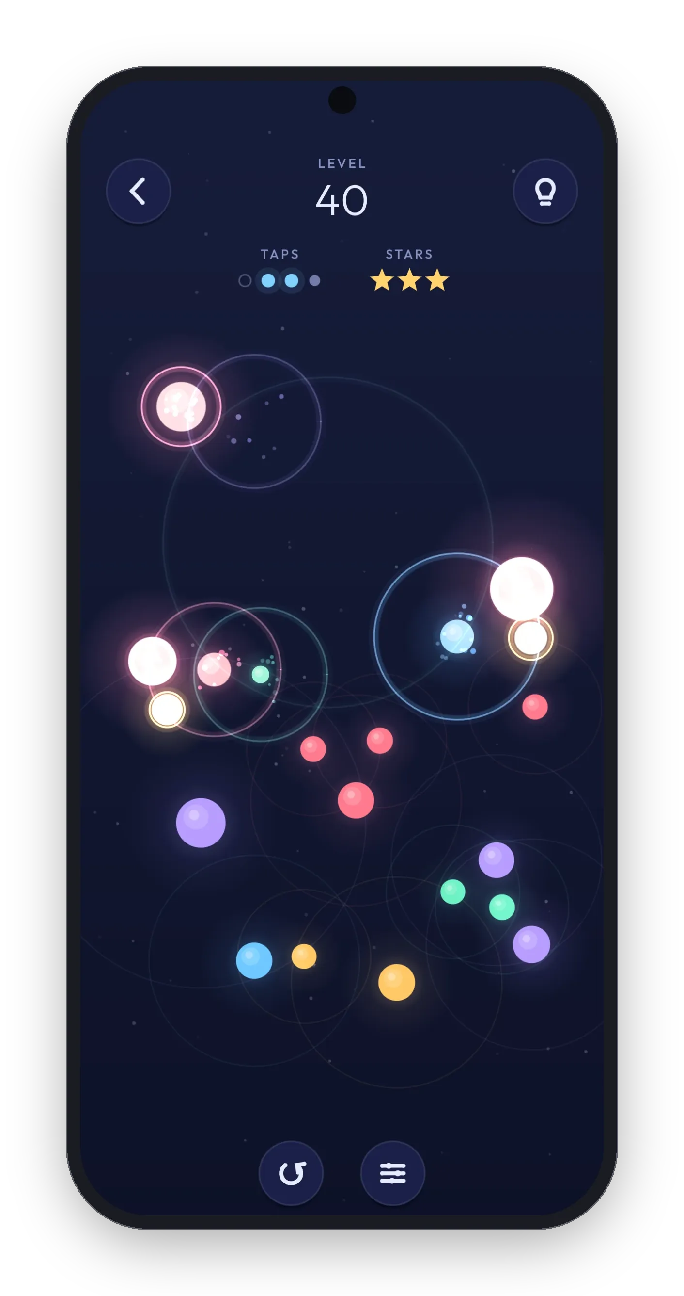 A Carillon level in play: rings spreading from dot to dot across a night sky