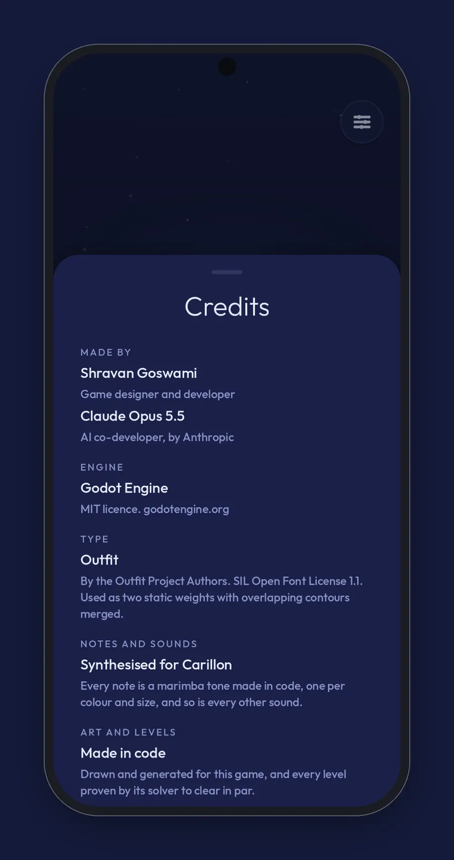 Carillon's Credits sheet on a phone, listing the team, the Godot Engine, the Outfit typeface, and the notes and art made in code