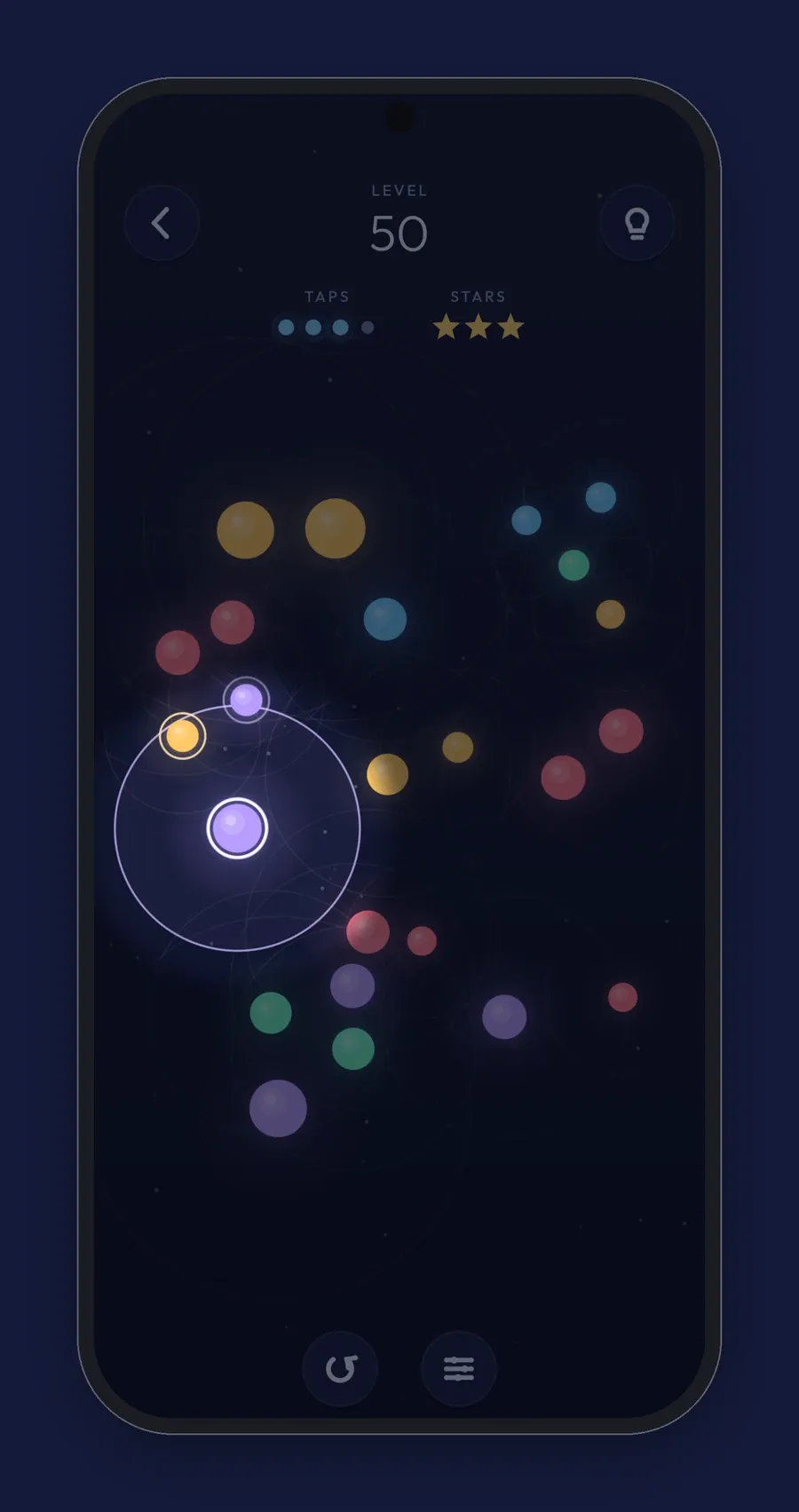 Carillon on a phone with the hint showing: the level number, taps and stars at the top, and one lit dot on a dimmed field