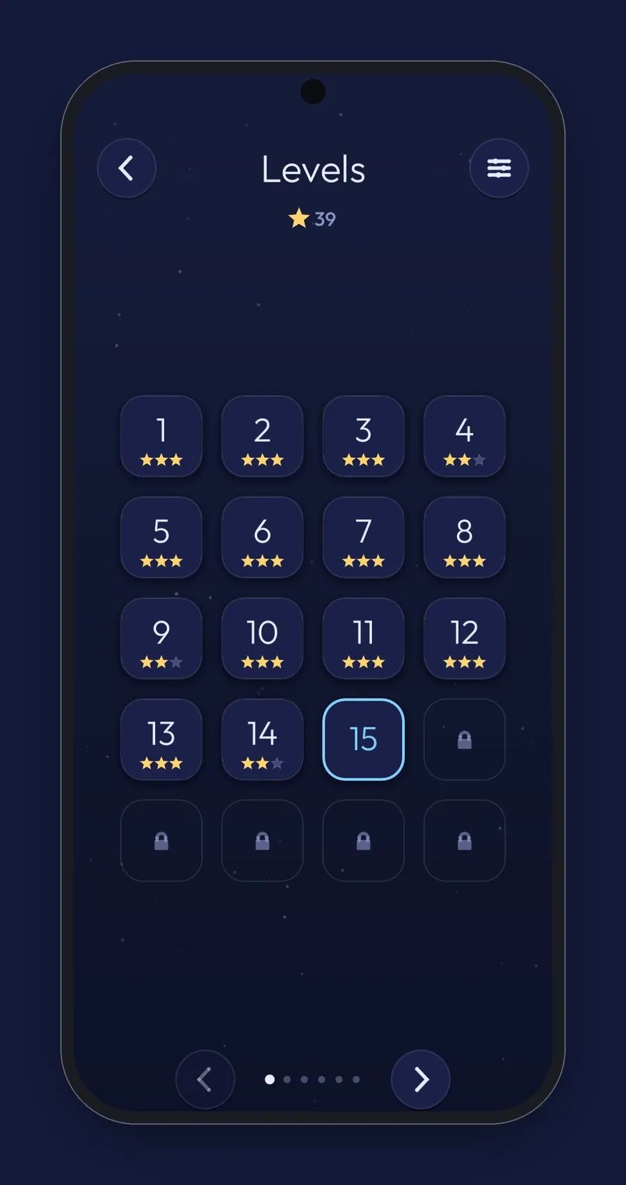 Carillon's level grid on a phone: numbered tiles with stars, the next level ringed and later ones locked