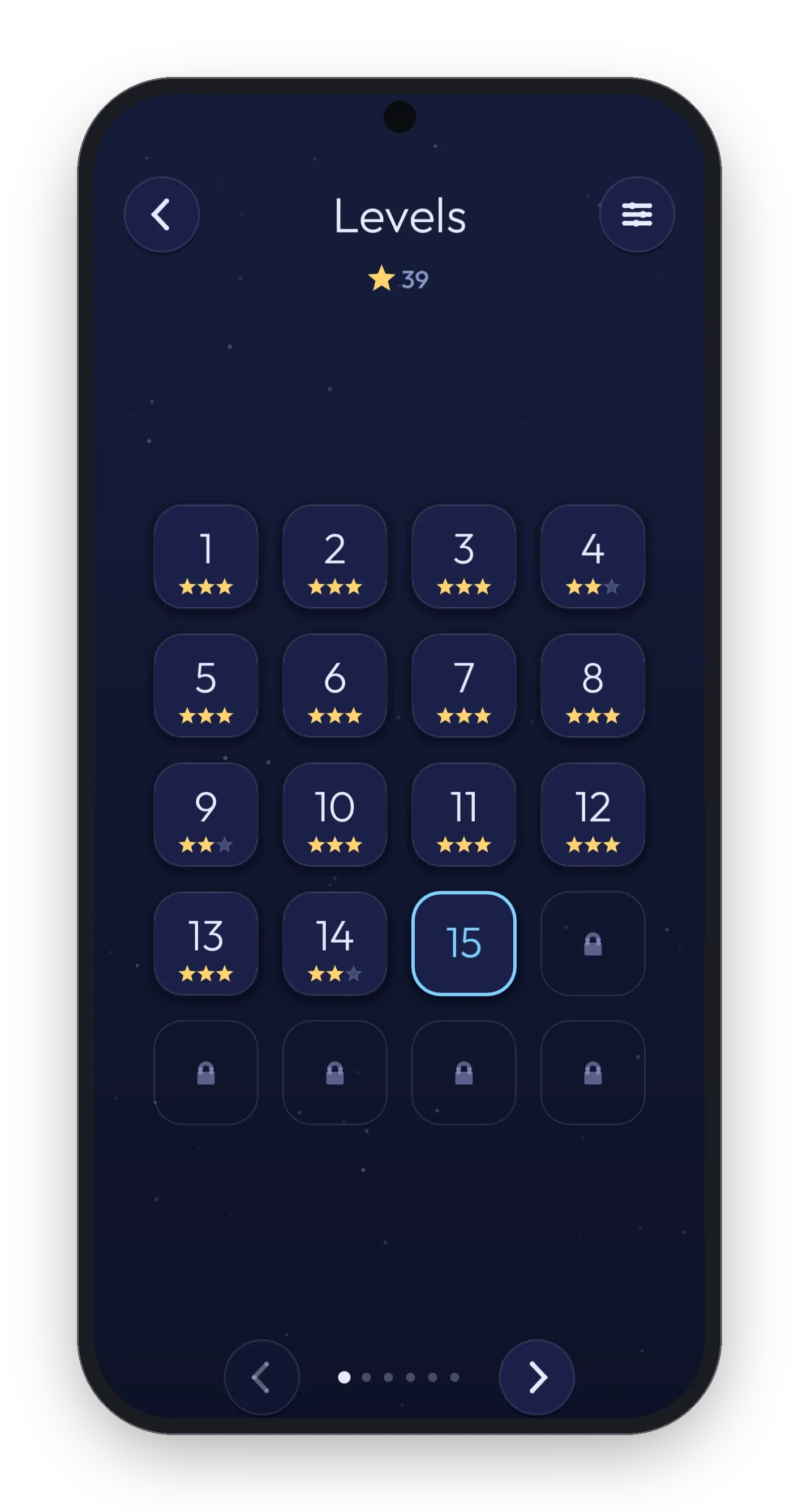 Carillon's level grid with stars earned on the first levels