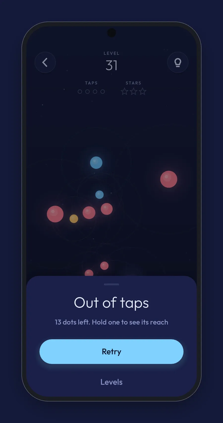 Carillon on a phone showing the Out of taps sheet with the number of dots left and a Retry button