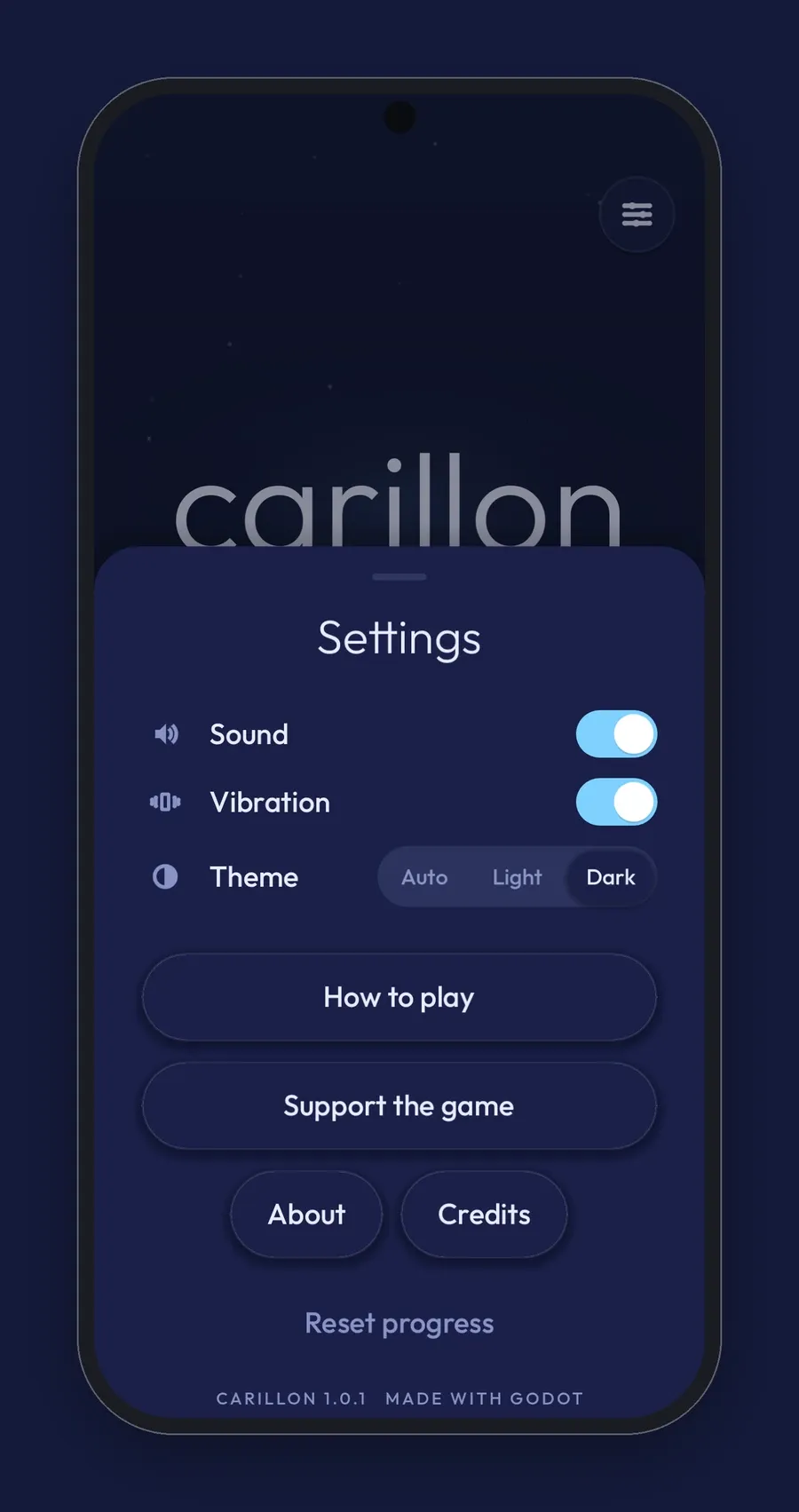 Carillon's settings sheet on a phone, with Sound and Vibration switches, the theme, How to play, About, Credits and Reset progress