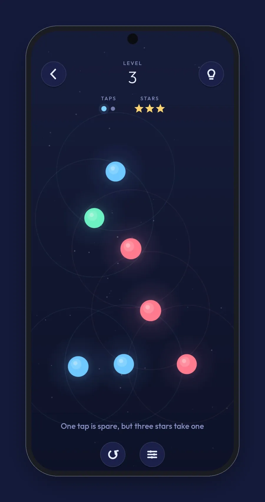 Carillon on a phone at level 3, with two tap pips, the star readout and the guidance line at the bottom