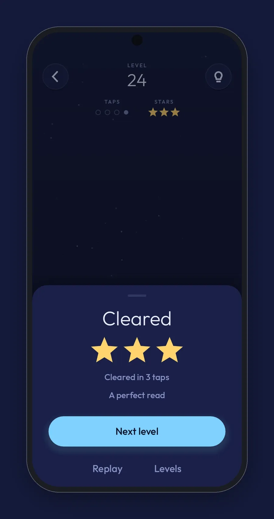 A cleared Carillon level on a phone, with three gold stars and a Next level button