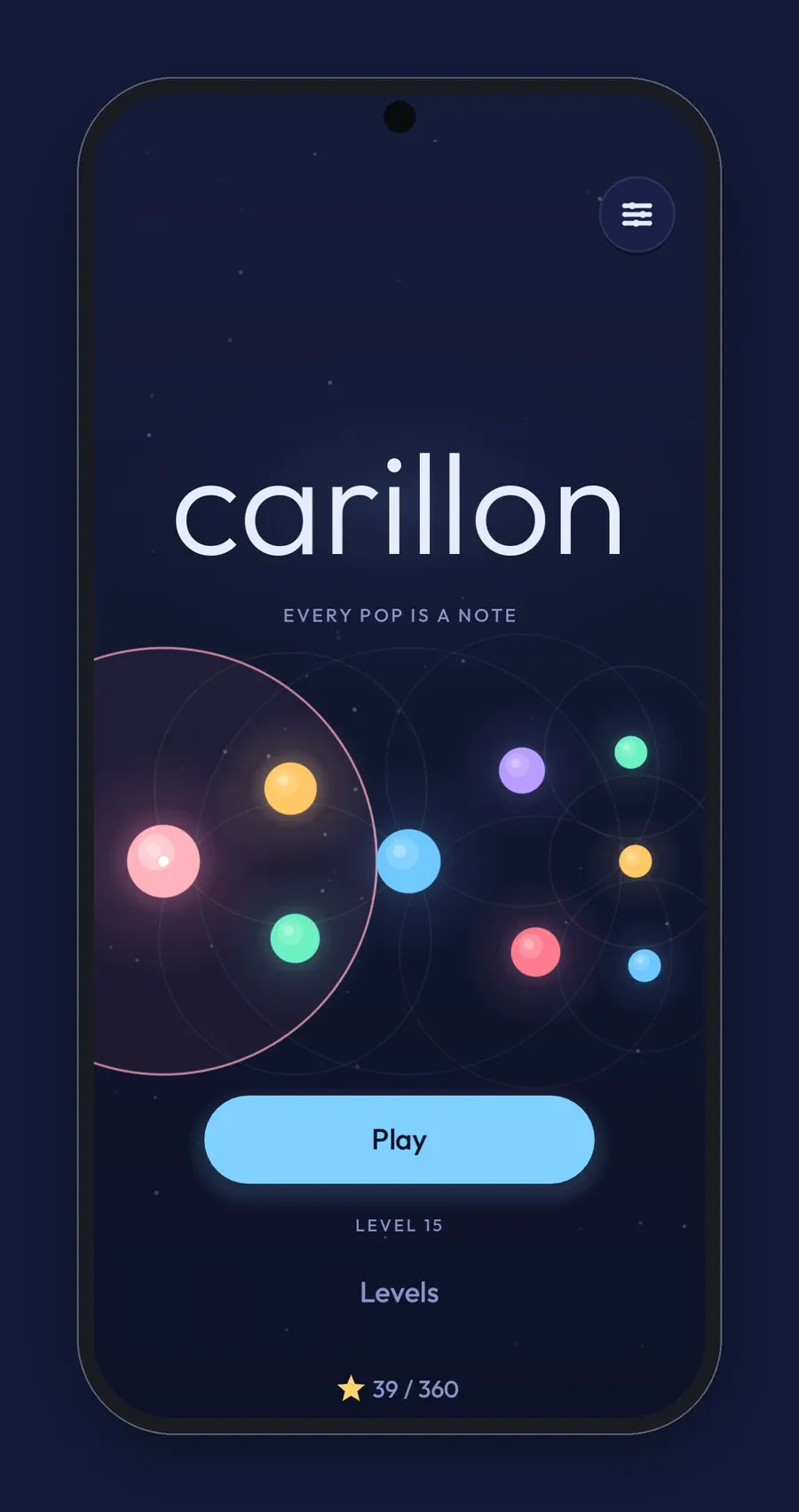 Carillon's title screen on a phone: the wordmark, a small field of glowing dots, the Play button and the star total