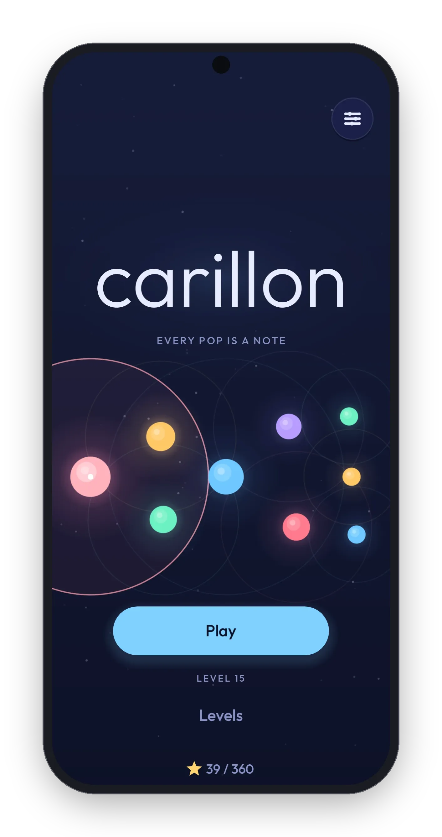 Carillon's title screen: the wordmark over a small field of glowing dots and the Play button