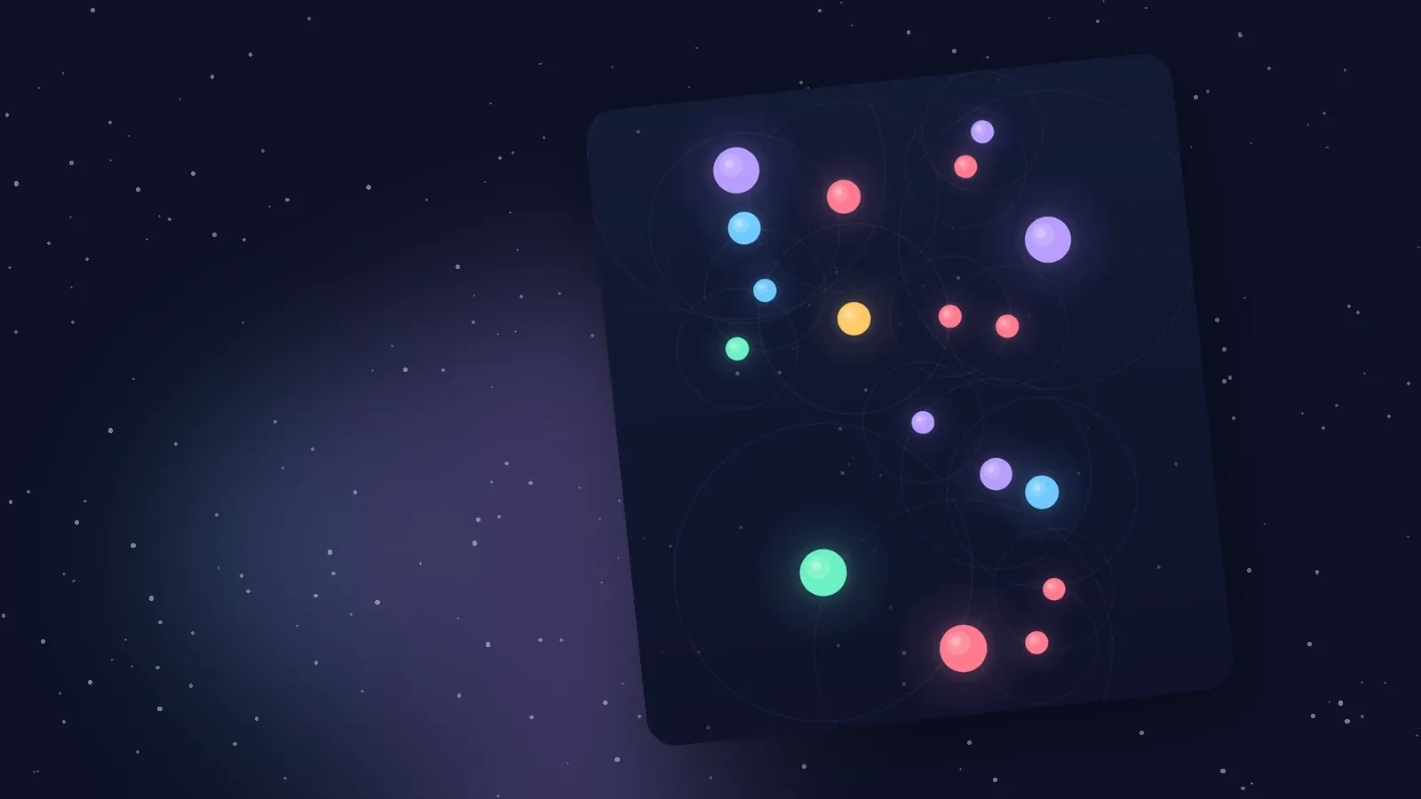 A Carillon field of about twenty glowing dots in five colours, with faint reach circles overlapping on a starry sky