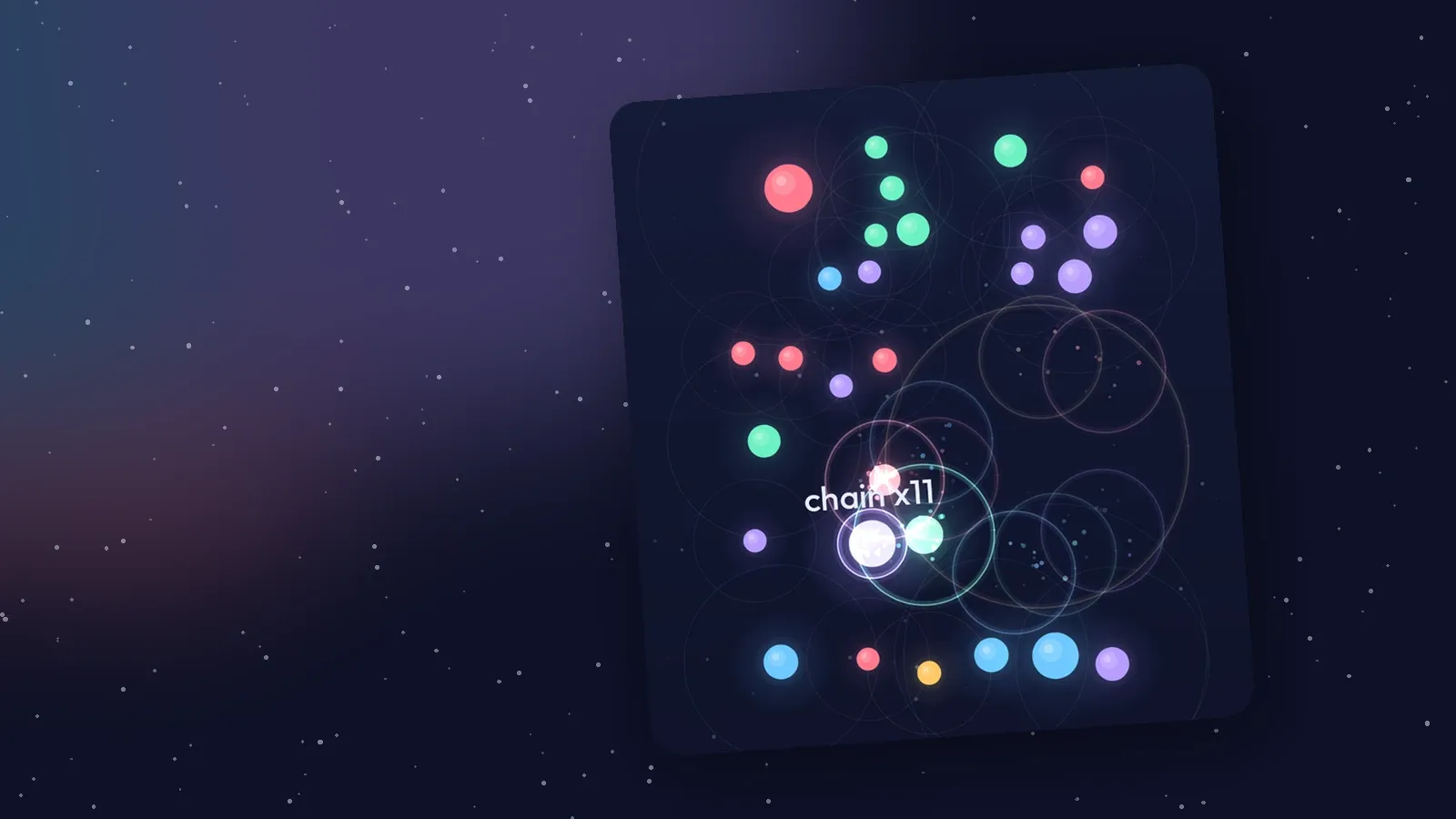 A late Carillon field with a chain of white-hot rings spreading through glowing dots, tilted on a starry background