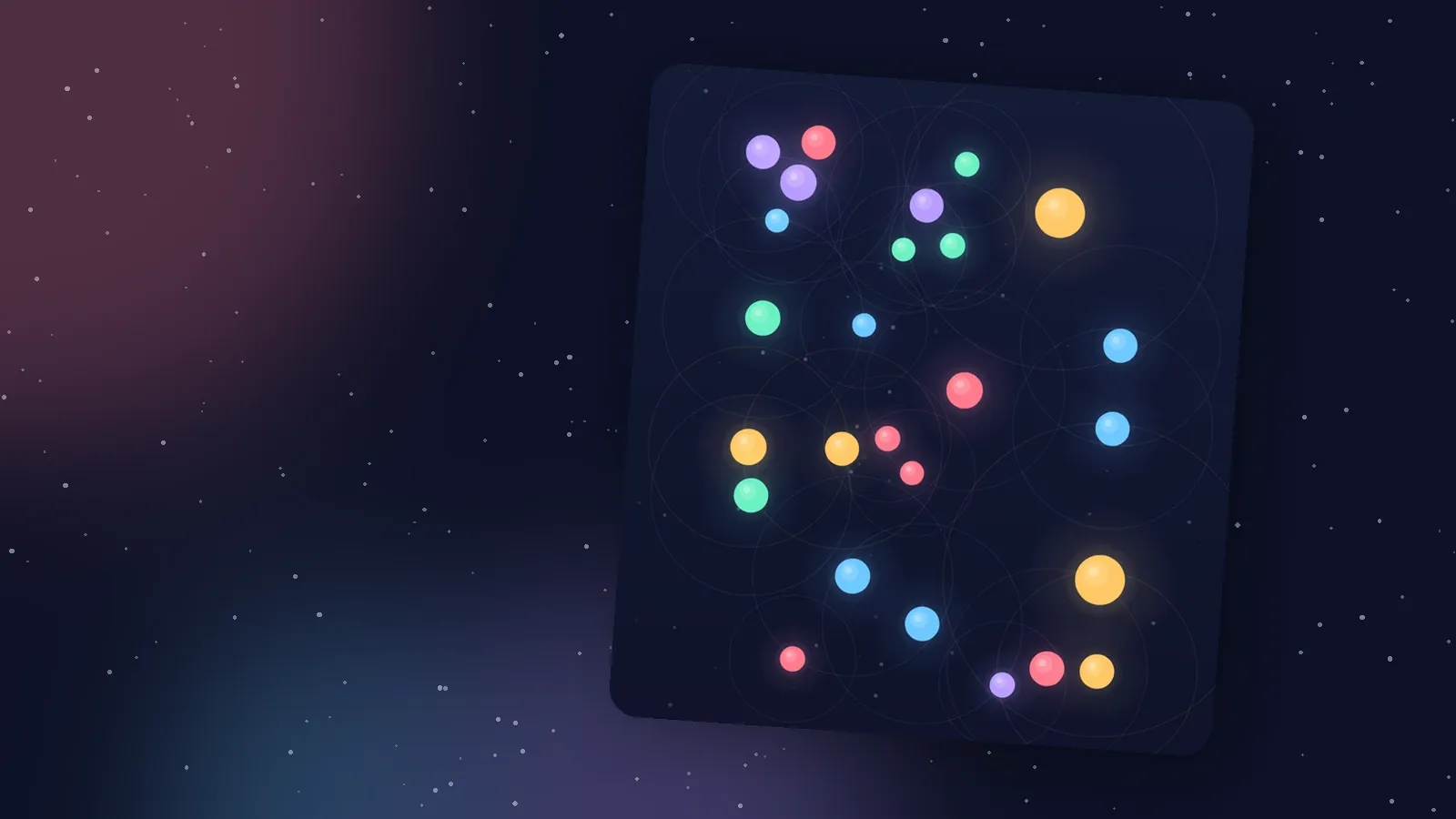 A busy four-tap Carillon field of glowing dots and faint reach circles, tilted on a starry background