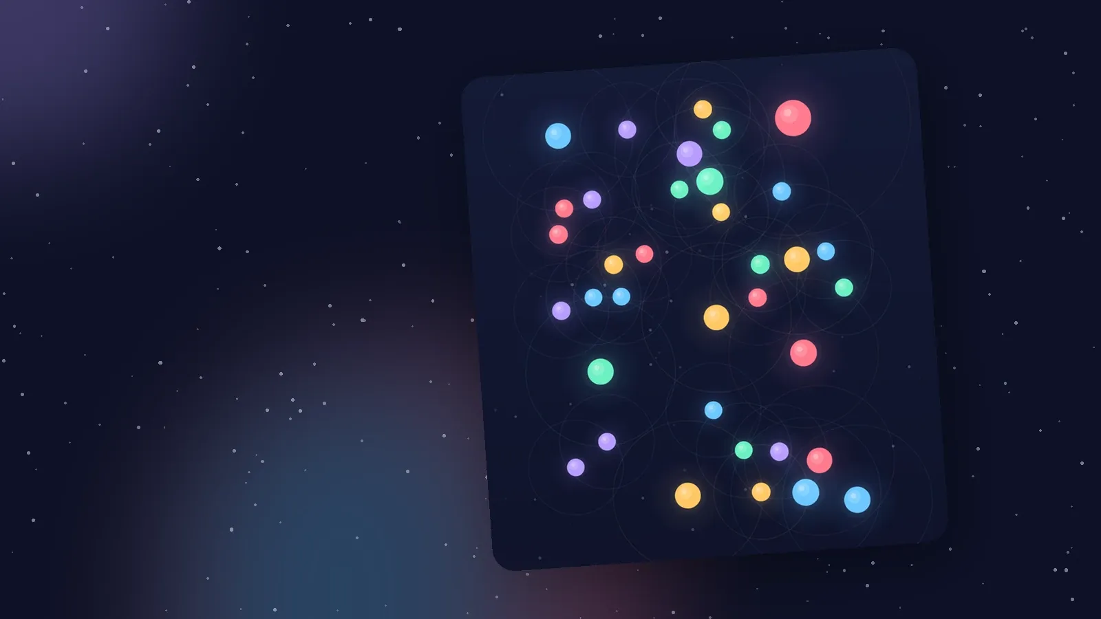 A dense late Carillon field of over thirty glowing dots in five colours, tilted on a starry background