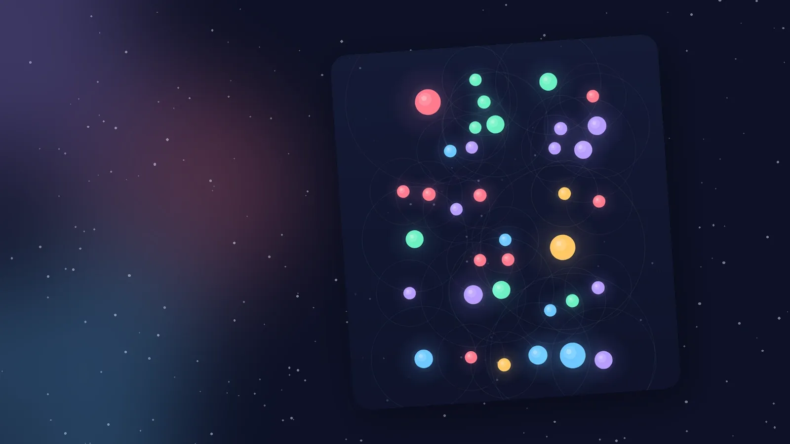 A late Carillon field of glowing dots and soft reach circles, resting on a quiet starry sky
