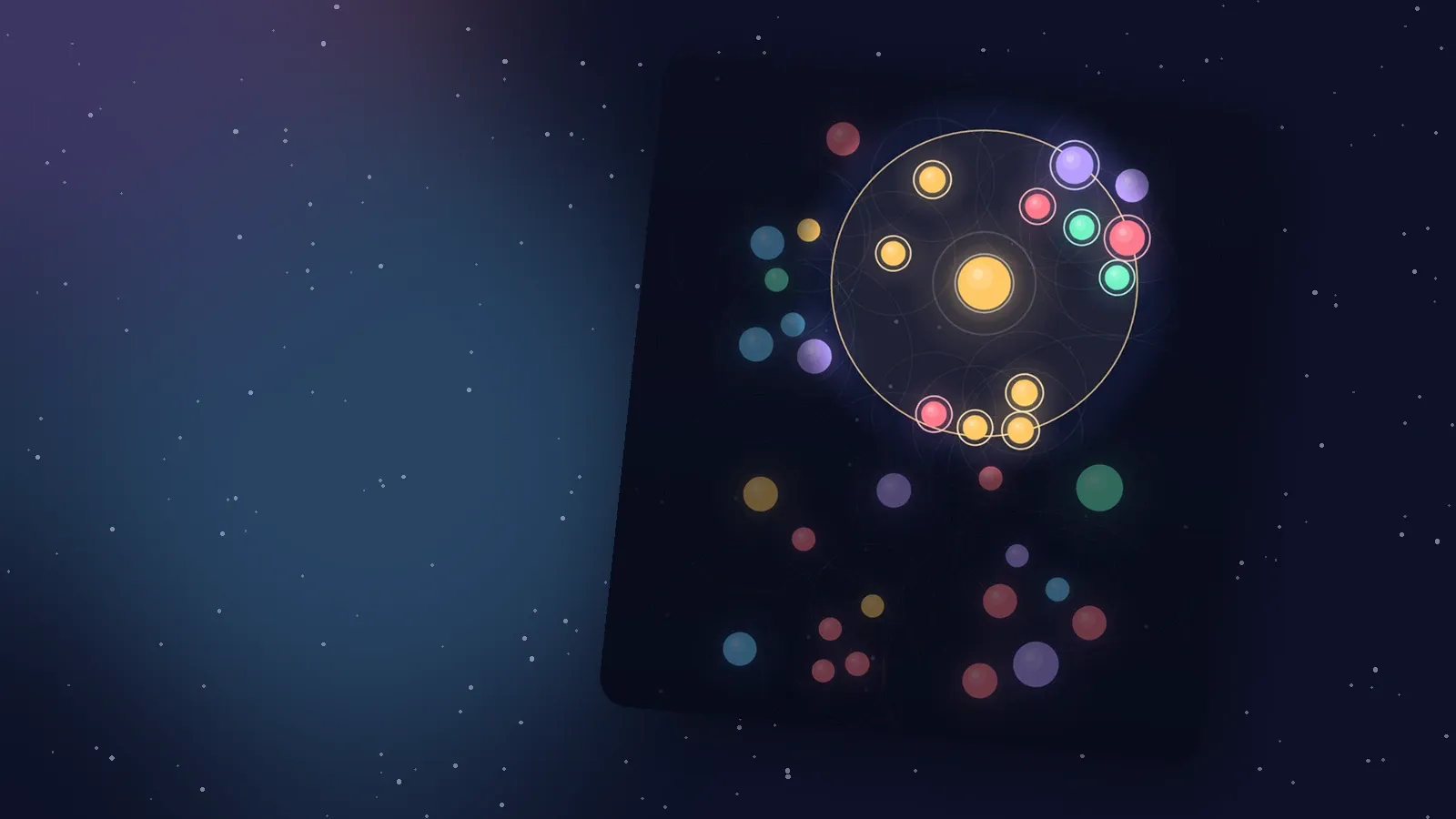 A late Carillon field dimmed by the hint, with one big amber dot's reach lit and the dots its ring touches outlined