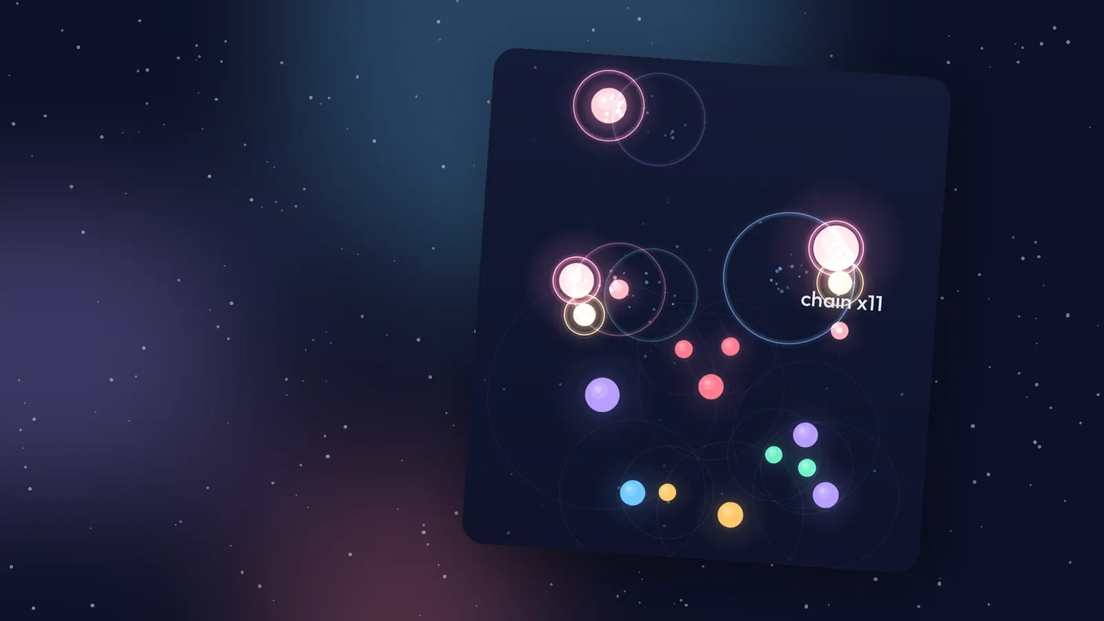 A Carillon field of glowing coral, amber, mint, sky and lavender dots, with rings spreading on a night sky