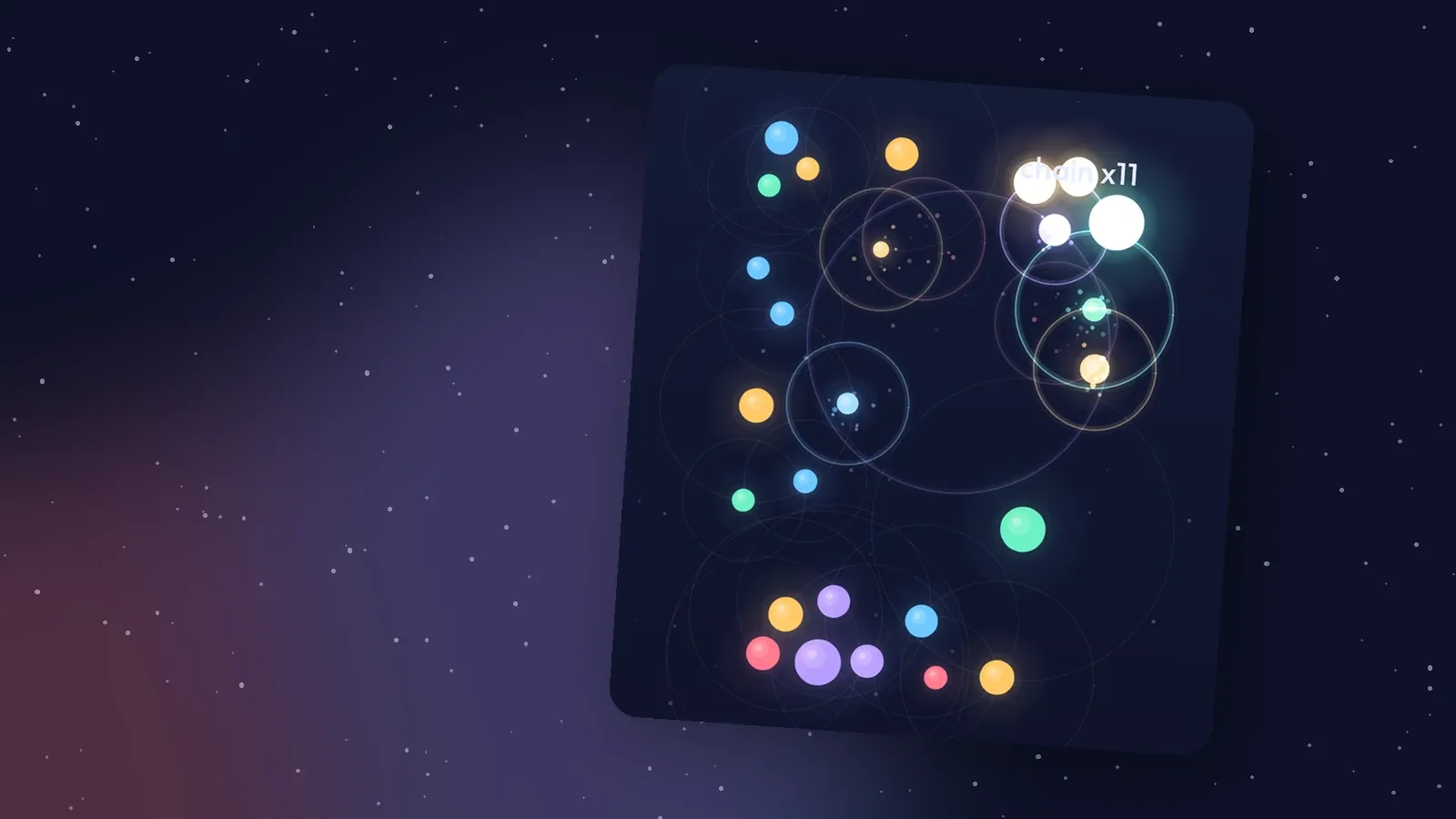 A Carillon field of glowing dots in coral, amber, mint, sky and lavender, one chain ringing out across the top on a starry sky