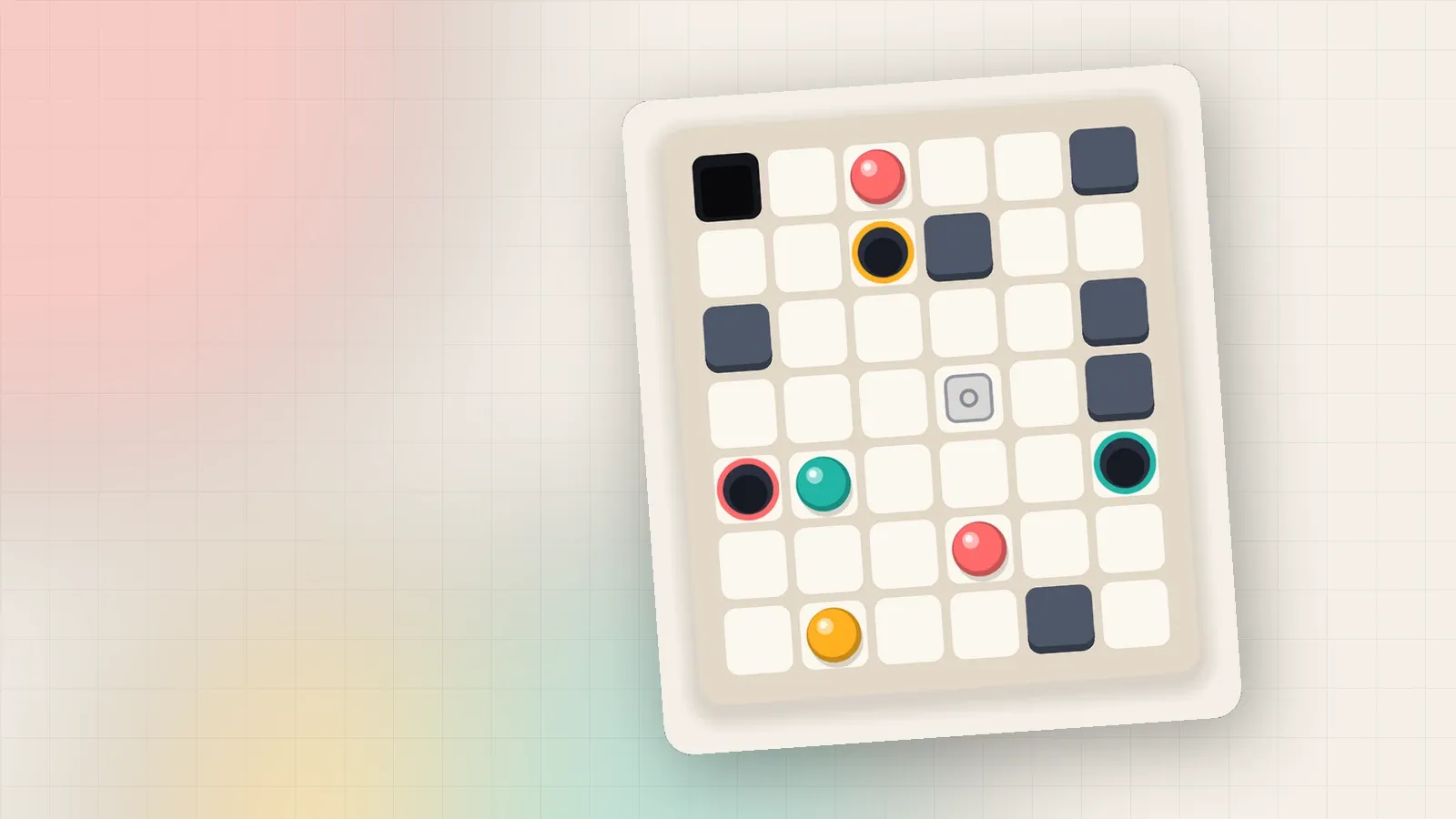 A dense late-game Plumb board with many marbles, walls and holes, tilted on a paper background