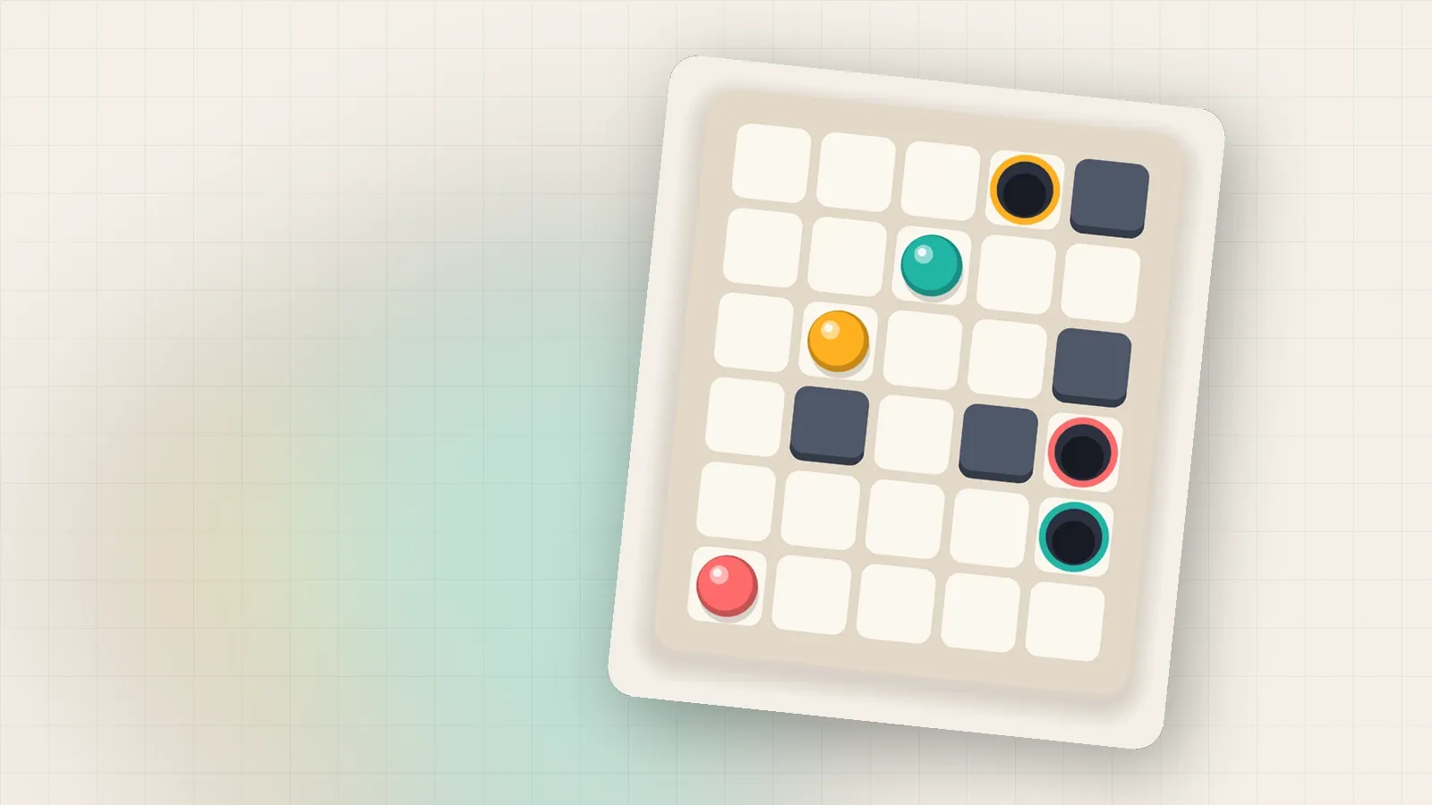 A Plumb puzzle board with two marbles and several walls, tilted on a soft coloured background