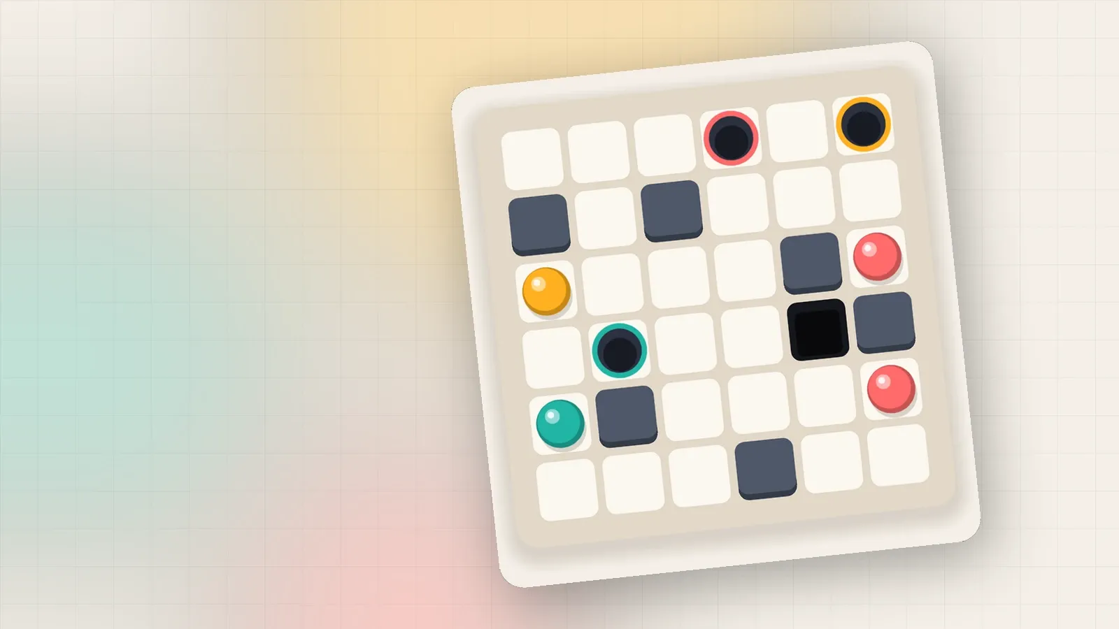 A Plumb puzzle board tilted on a warm paper background, with coloured marbles, walls and holes