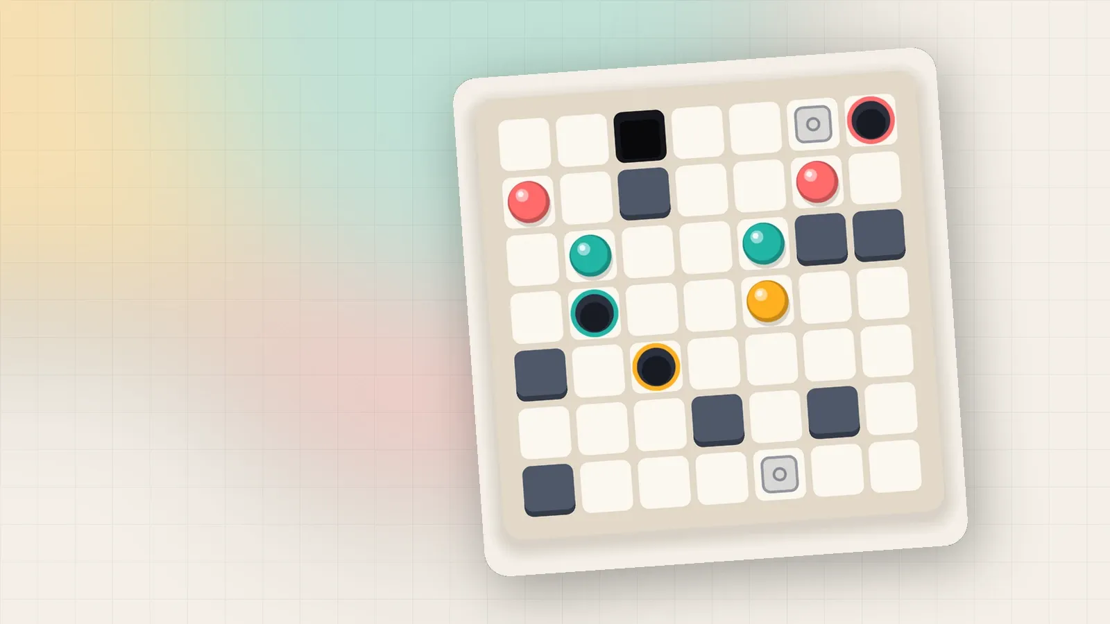 A late-game Plumb board with many marbles and walls, tilted on a soft background
