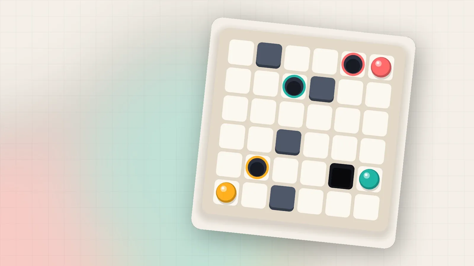 A Plumb board with square pits and several marbles, tilted on a warm background