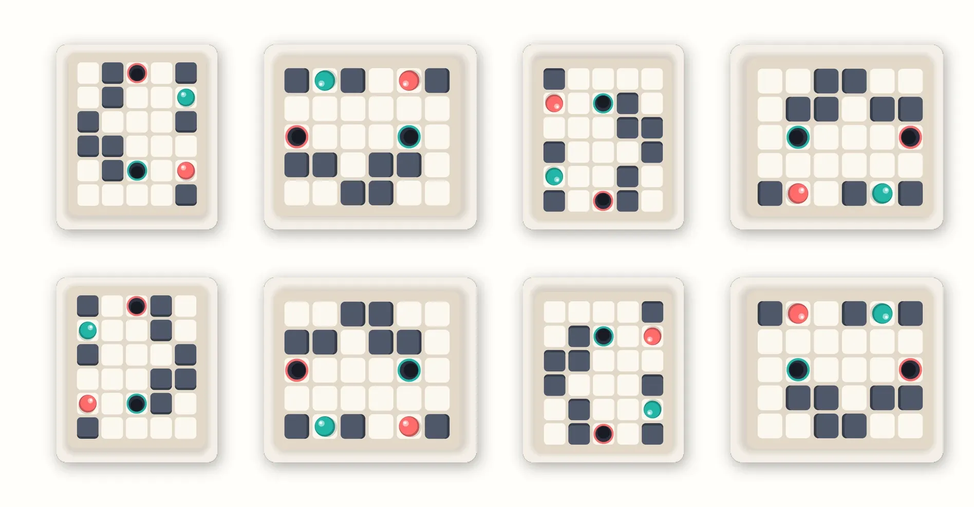 A single Plumb board shown in all eight of its rotations and mirror images