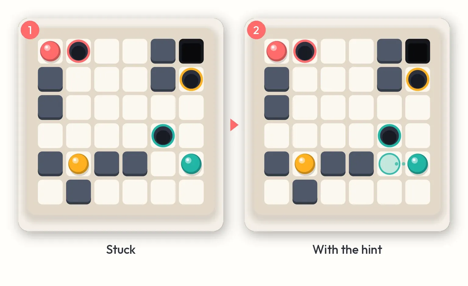 Two Plumb boards side by side: the level as it stands, and the same level with the hint's ghost marbles and trails