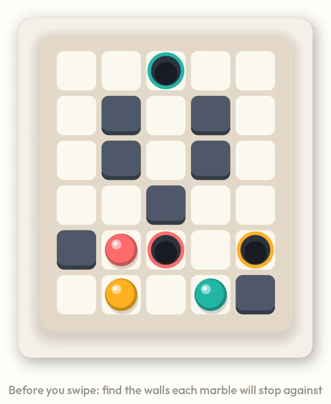 A Plumb board on a card with walls and marbles, captioned before you swipe, find the walls each marble will stop against