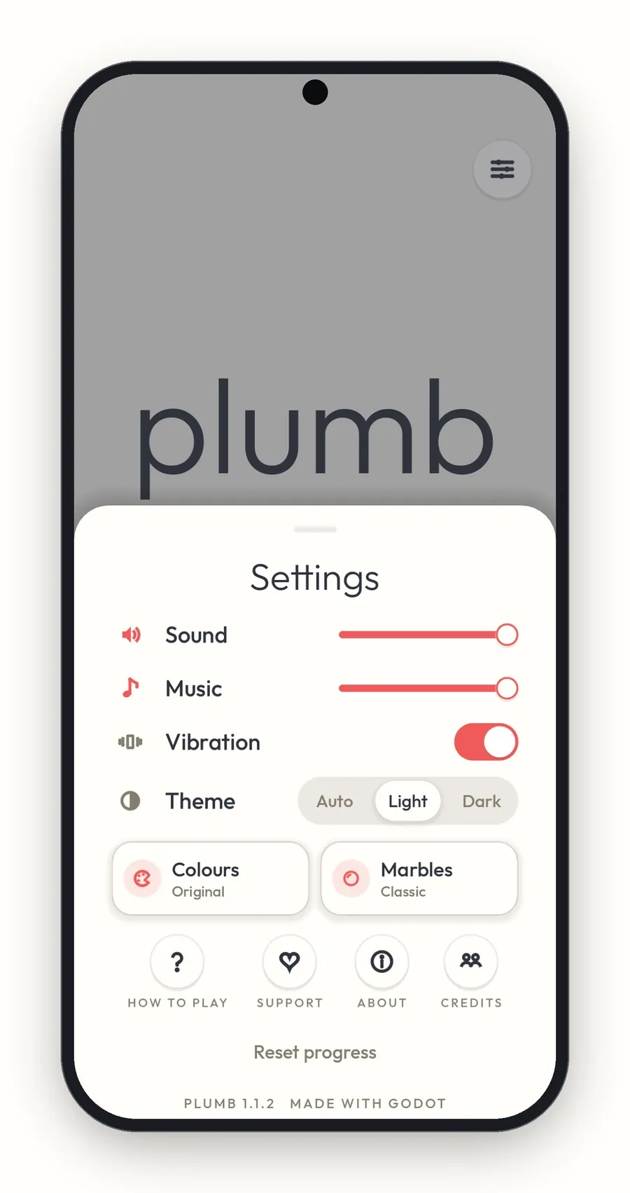Plumb's settings sheet with switches for sound, music and vibration, the theme and How to play
