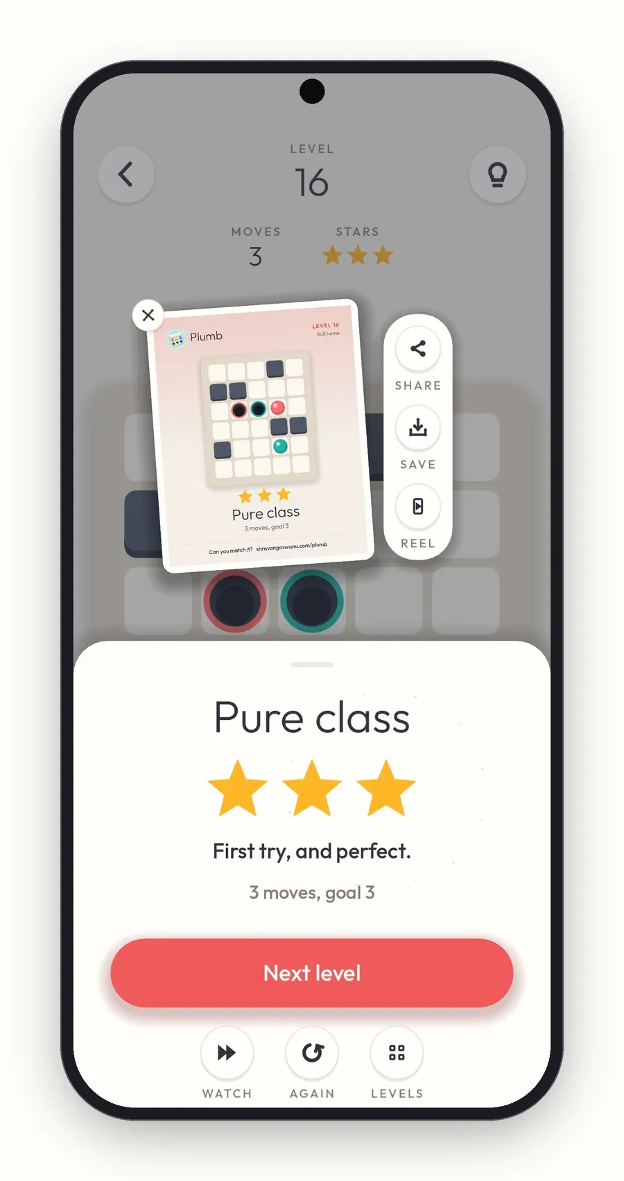 A solved Plumb level with three gold stars and the text four moves, par four