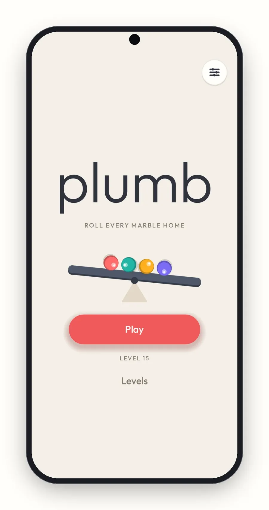 Plumb's title screen on a phone, with a seesaw of marbles and a Play button