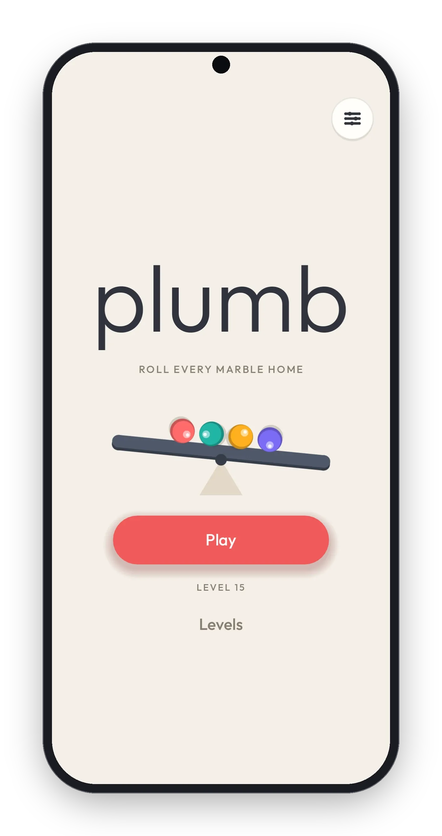 Plumb's title screen with a seesaw of marbles and the Play button
